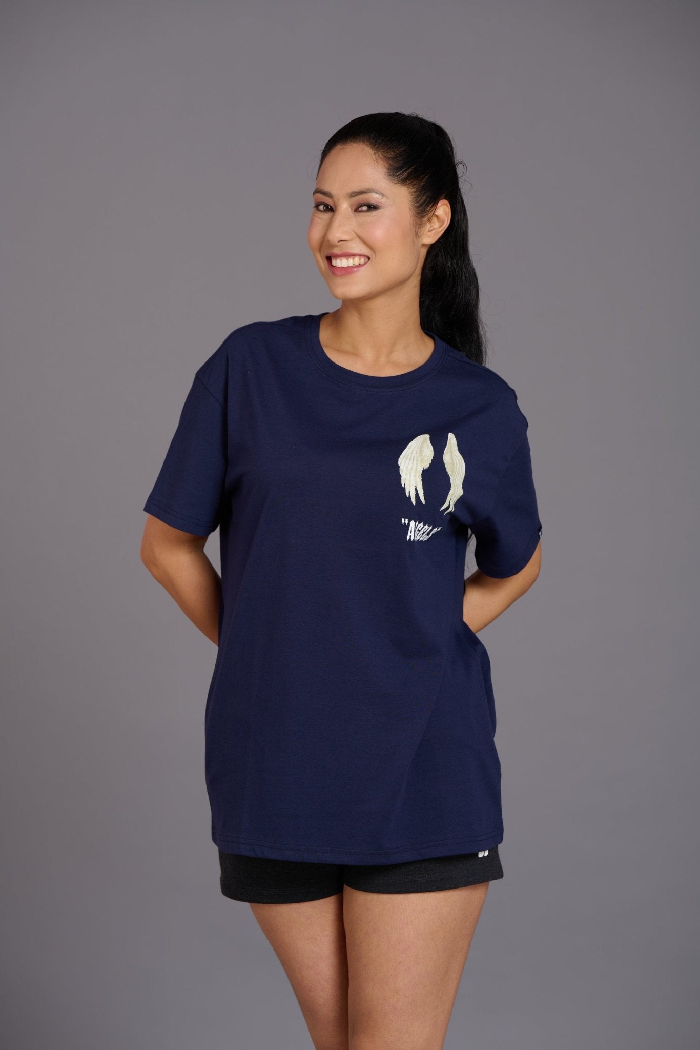 Blue Angel Wings Printed Oversized T-Shirt for Women - Go Devil