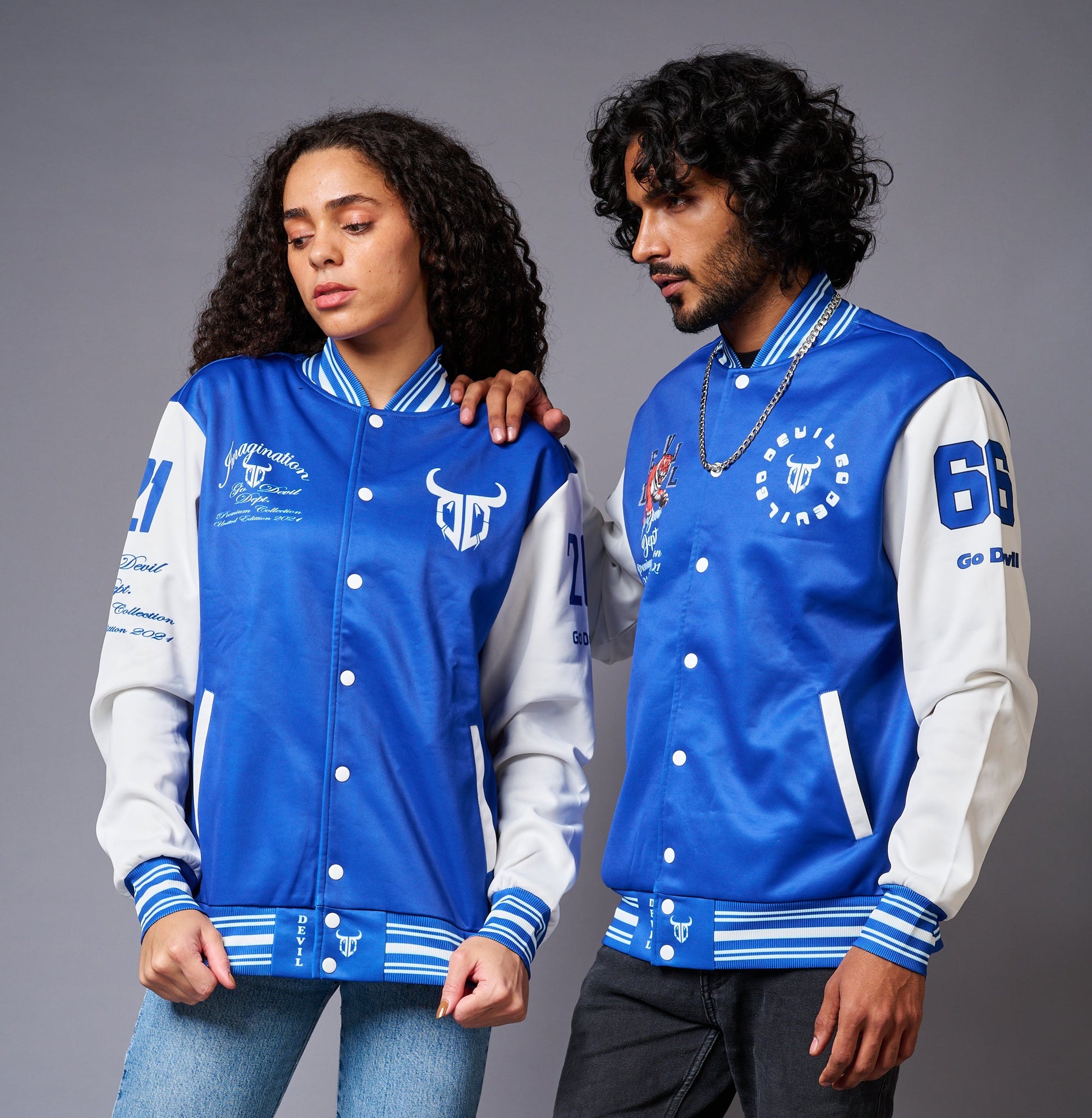 Blue & White Varsity Jackets for Couple Wear - Go Devil