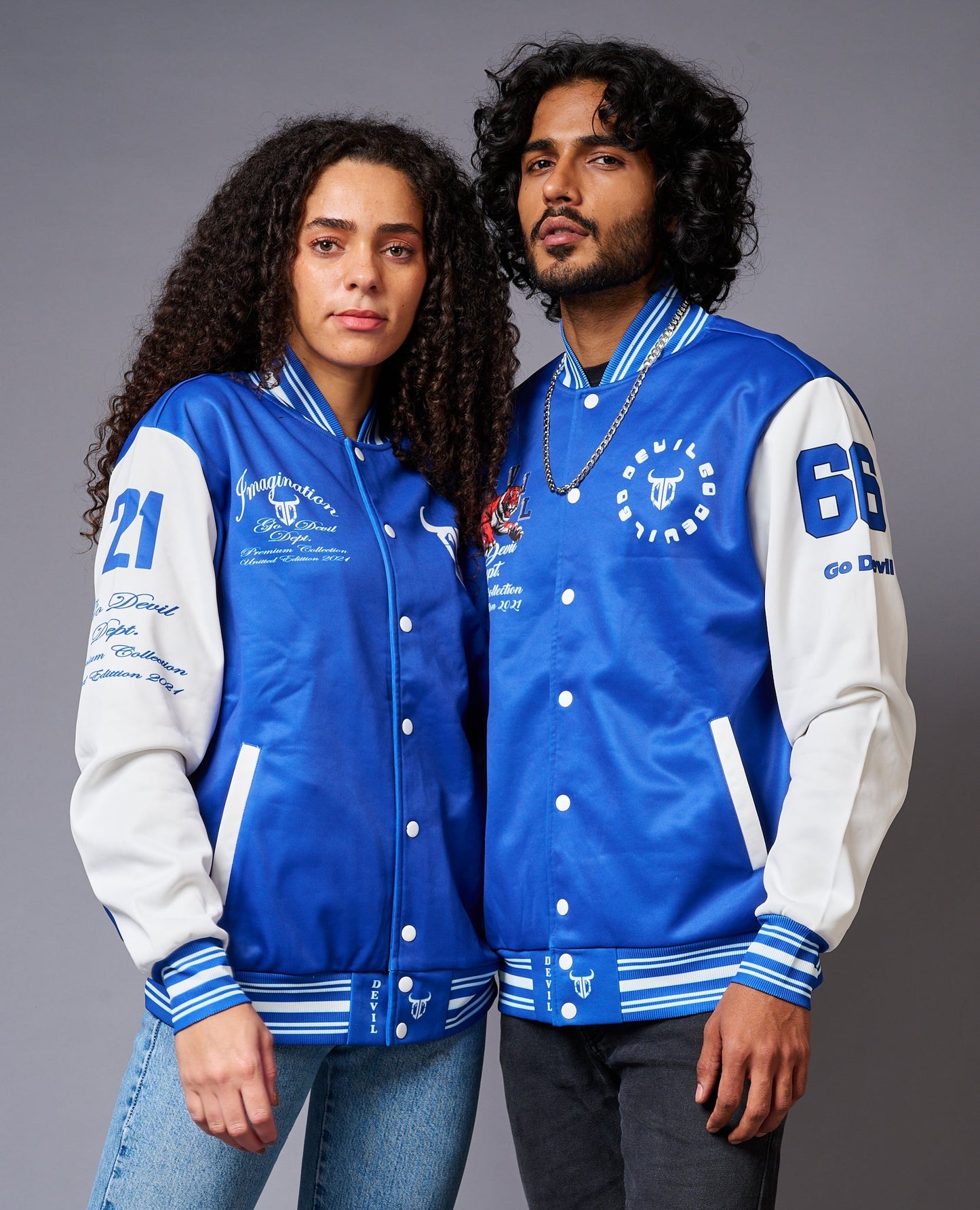 Blue & White Varsity Jackets for Couple Wear - Go Devil