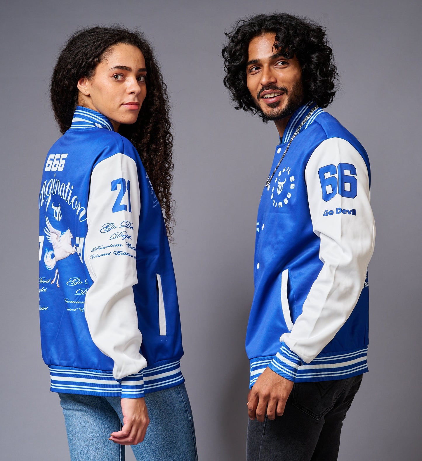 Blue & White Varsity Jackets for Couple Wear - Go Devil
