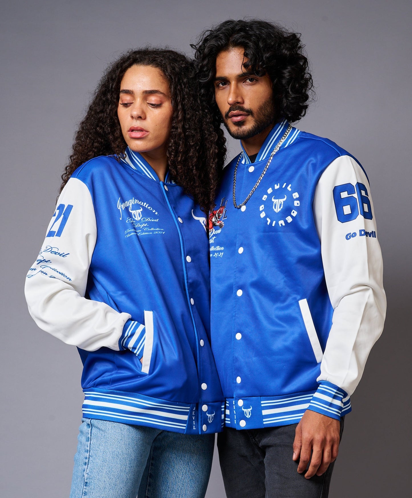 Blue & White Varsity Jackets for Couple Wear - Go Devil
