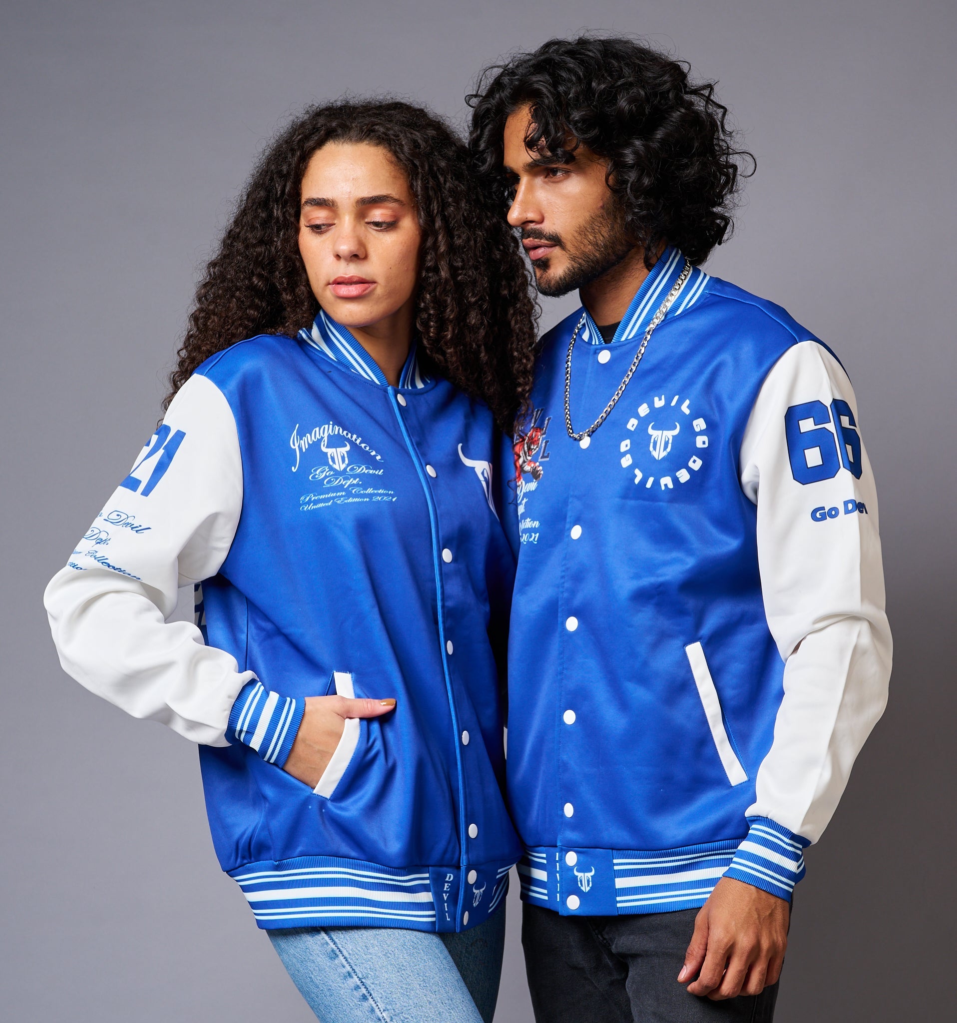 Blue & White Varsity Jackets for Couple Wear - Go Devil