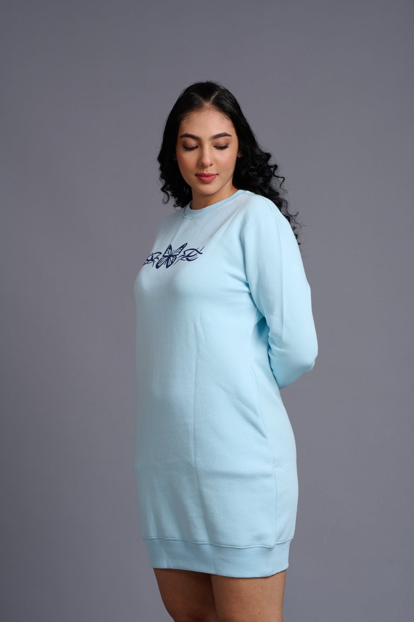 Butterfly Printed Sky Blue Sweatdress for Women - Go Devil