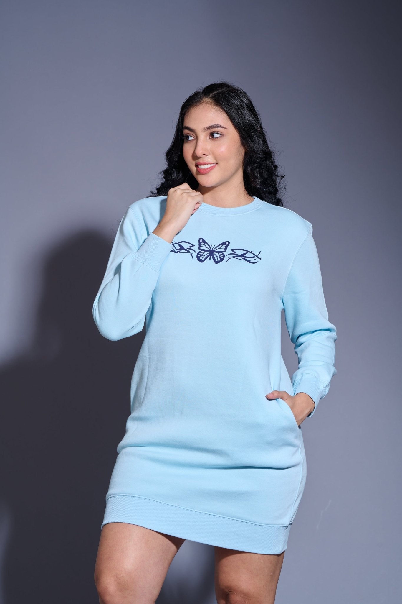 Butterfly Printed Sky Blue Sweatdress for Women - Go Devil