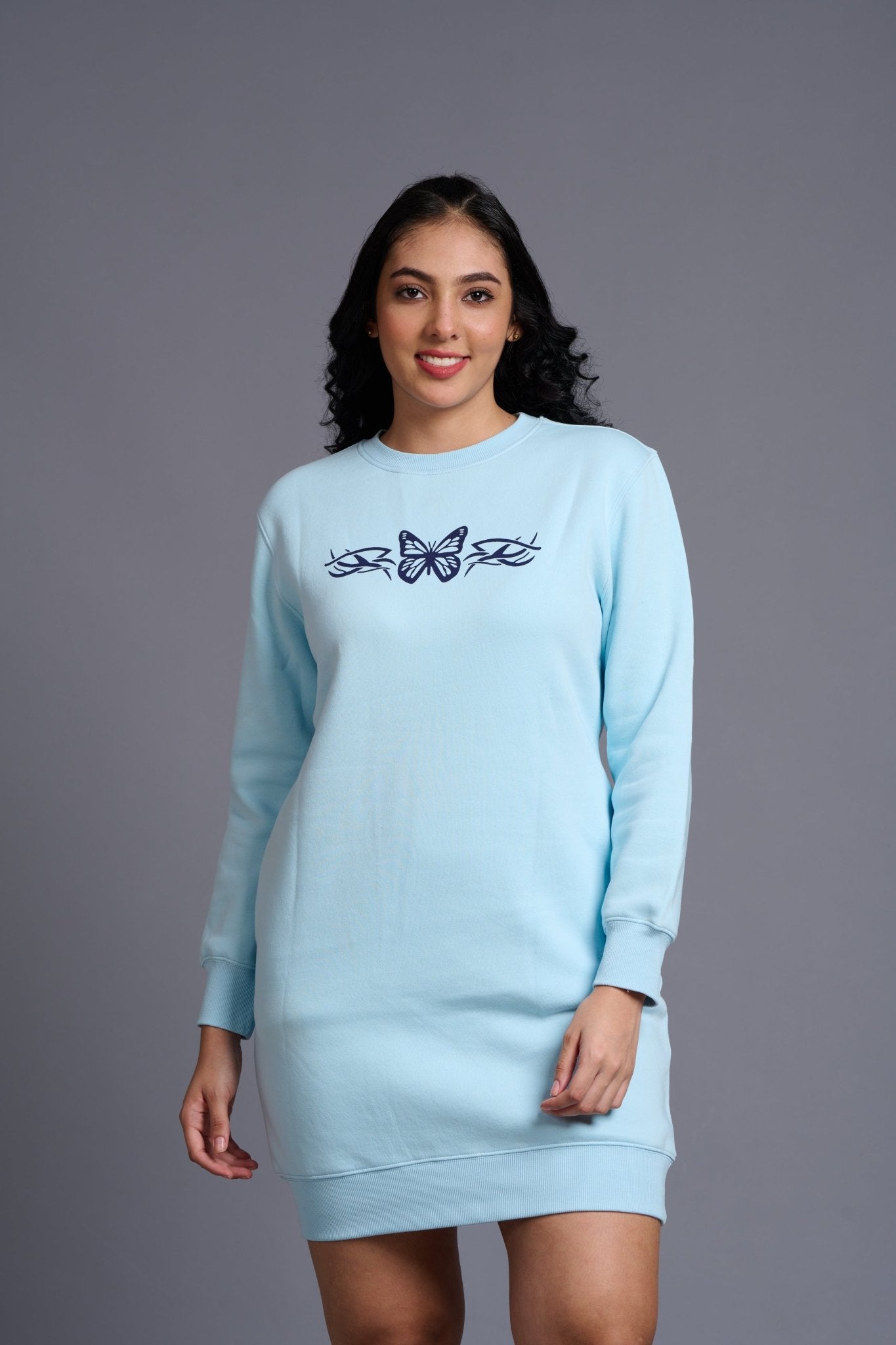 Butterfly Printed Sky Blue Sweatdress for Women - Go Devil