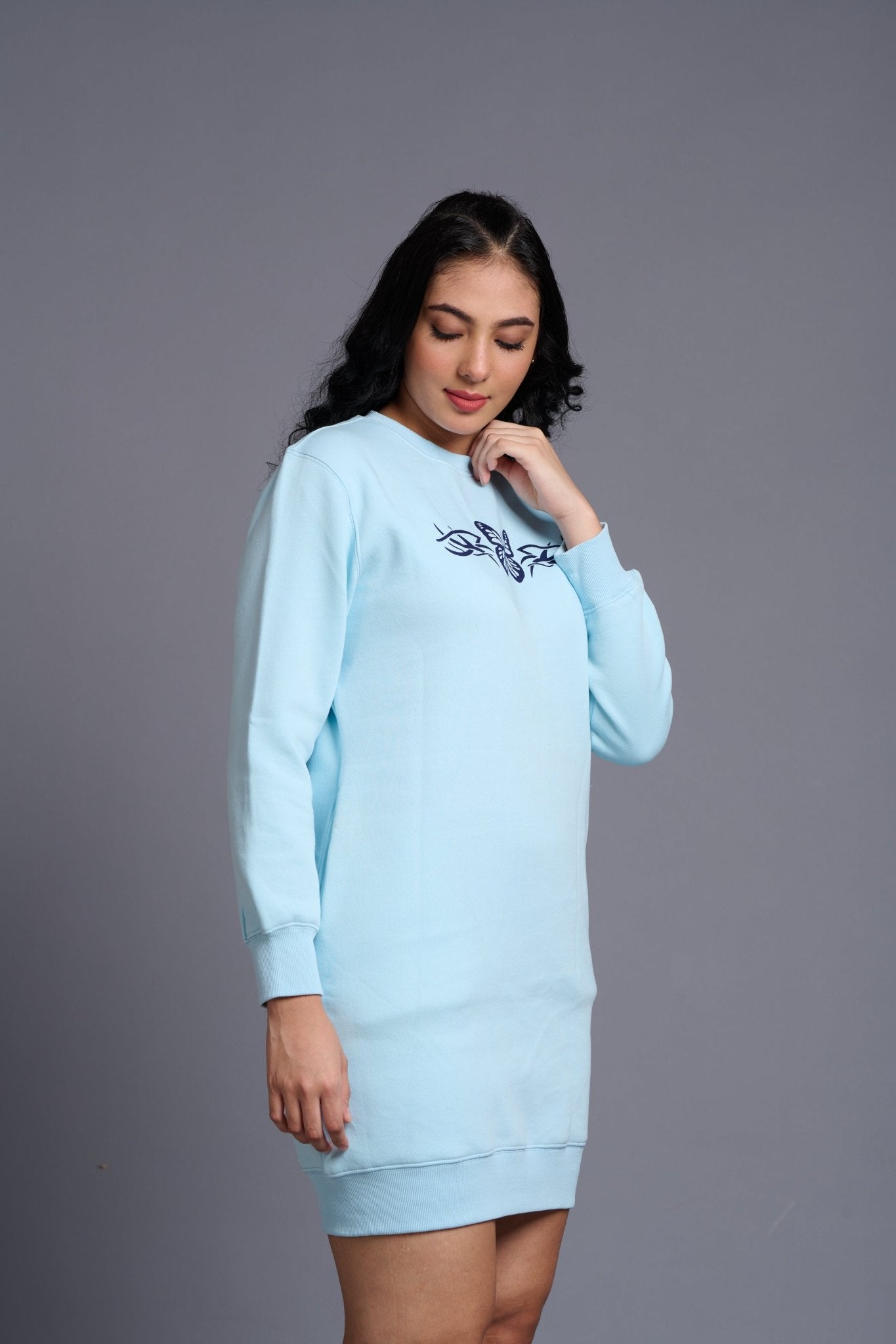 Butterfly Printed Sky Blue Sweatdress for Women - Go Devil