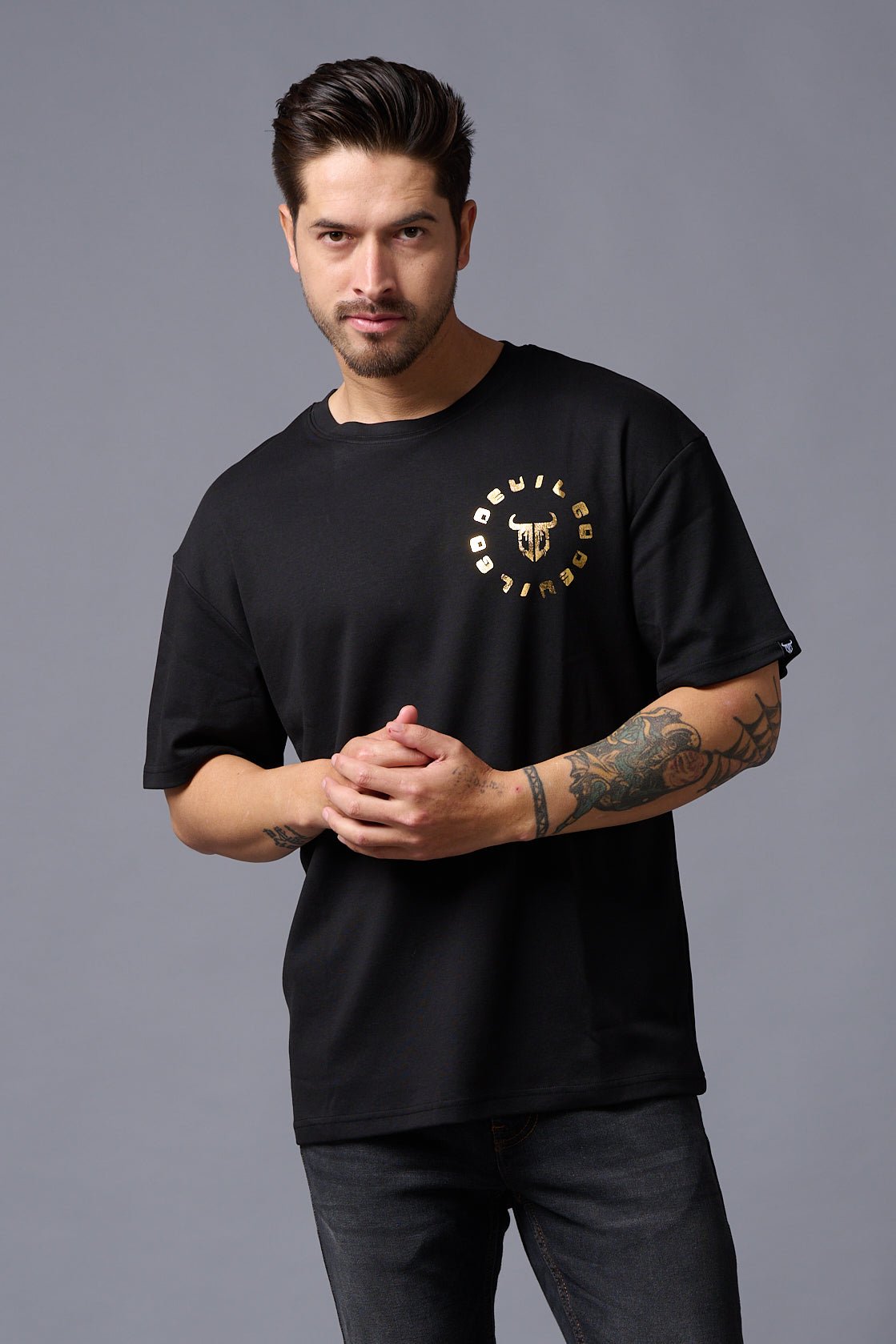 Chinese DEVIL (Gold Foil Print) Black Oversized T-Shirt for Men - Go Devil