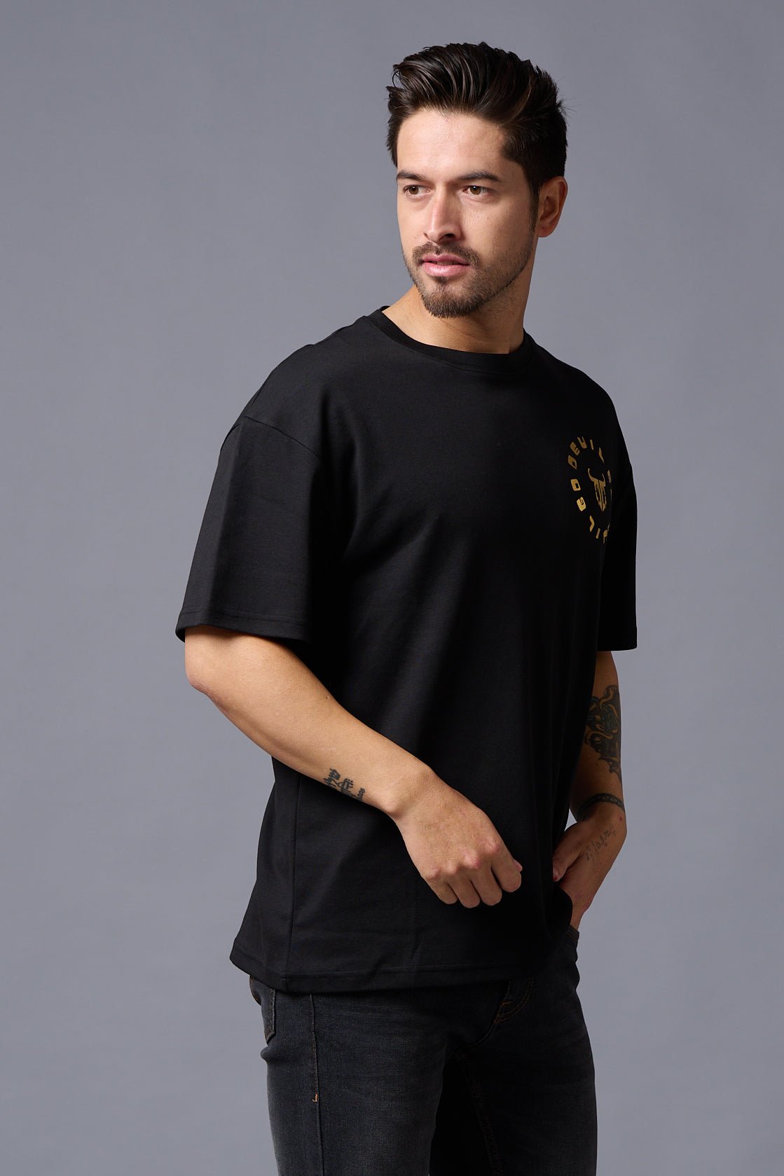 Chinese DEVIL (Gold Foil Print) Black Oversized T-Shirt for Men - Go Devil