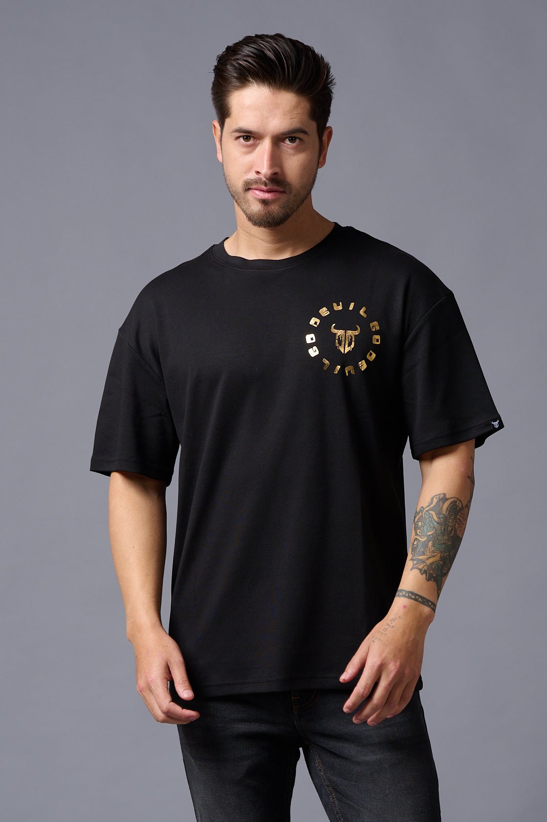 Chinese DEVIL (Gold Foil Print) Black Oversized T-Shirt for Men - Go Devil