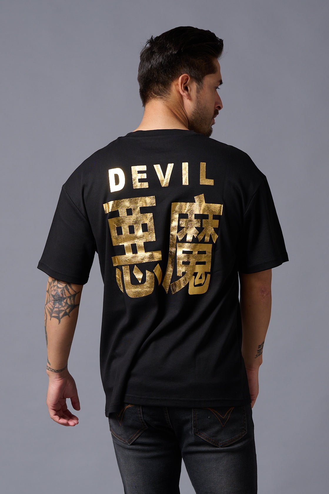 Chinese DEVIL (Gold Foil Print) Black Oversized T-Shirt for Men - Go Devil