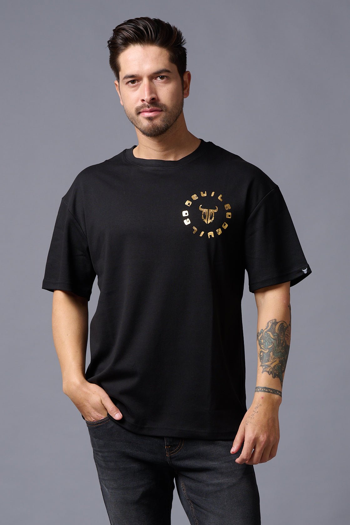 Chinese DEVIL (Gold Foil Print) Black Oversized T-Shirt for Men - Go Devil