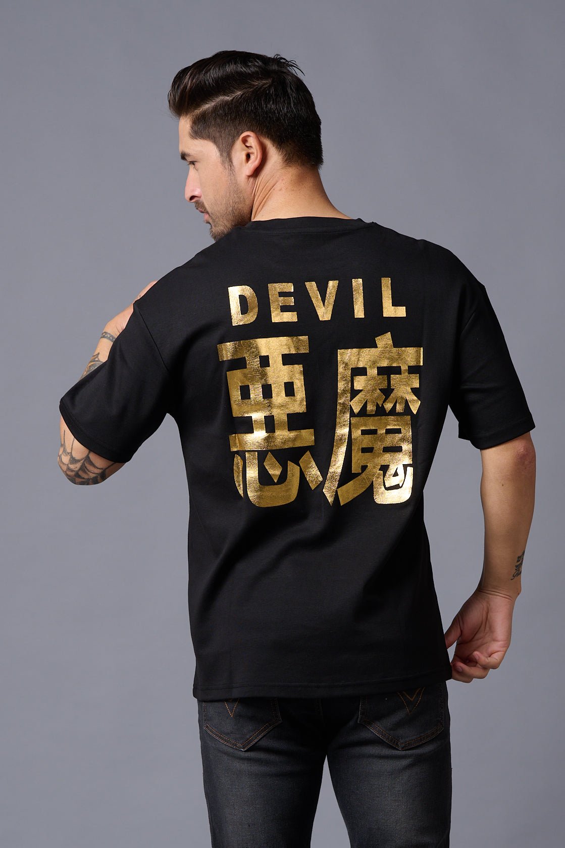 Chinese DEVIL (Gold Foil Print) Black Oversized T-Shirt for Men - Go Devil