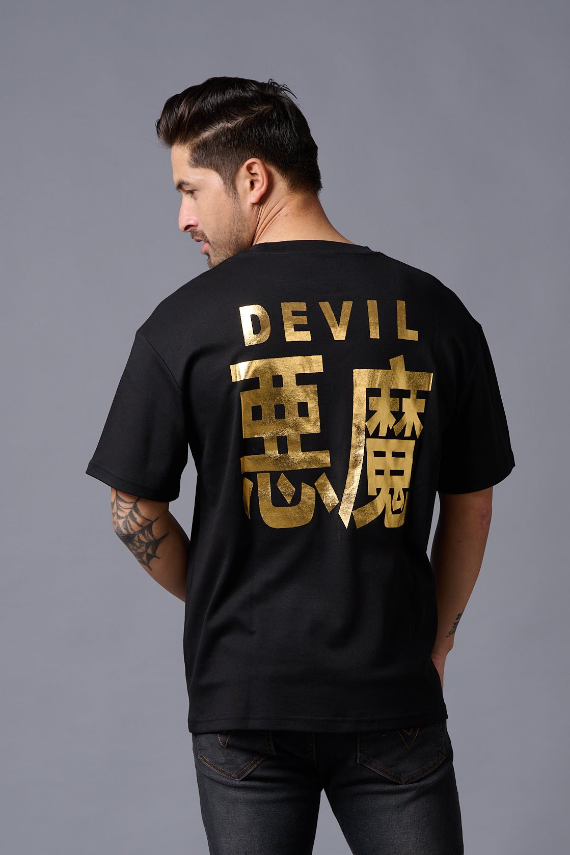 Chinese DEVIL (Gold Foil Print) Black Oversized T-Shirt for Men - Go Devil