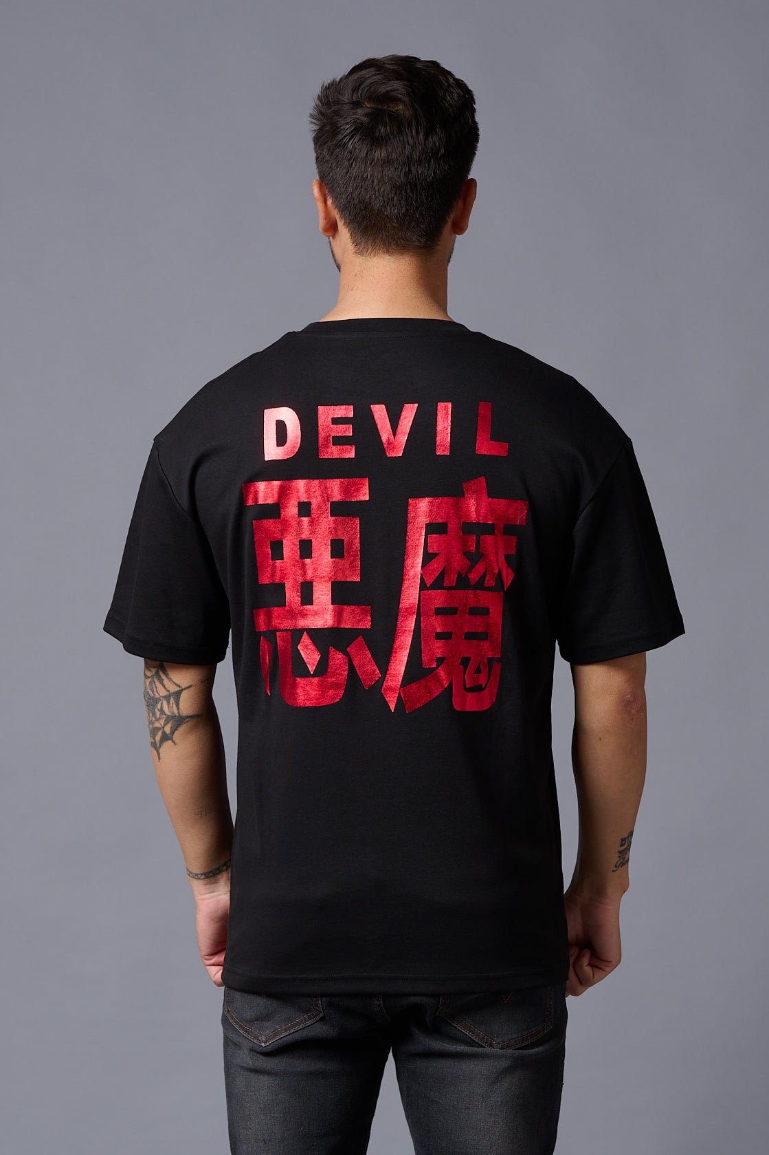 Chinese Devil in Red Foil Print Black Oversized T-Shirt for Men - Go Devil