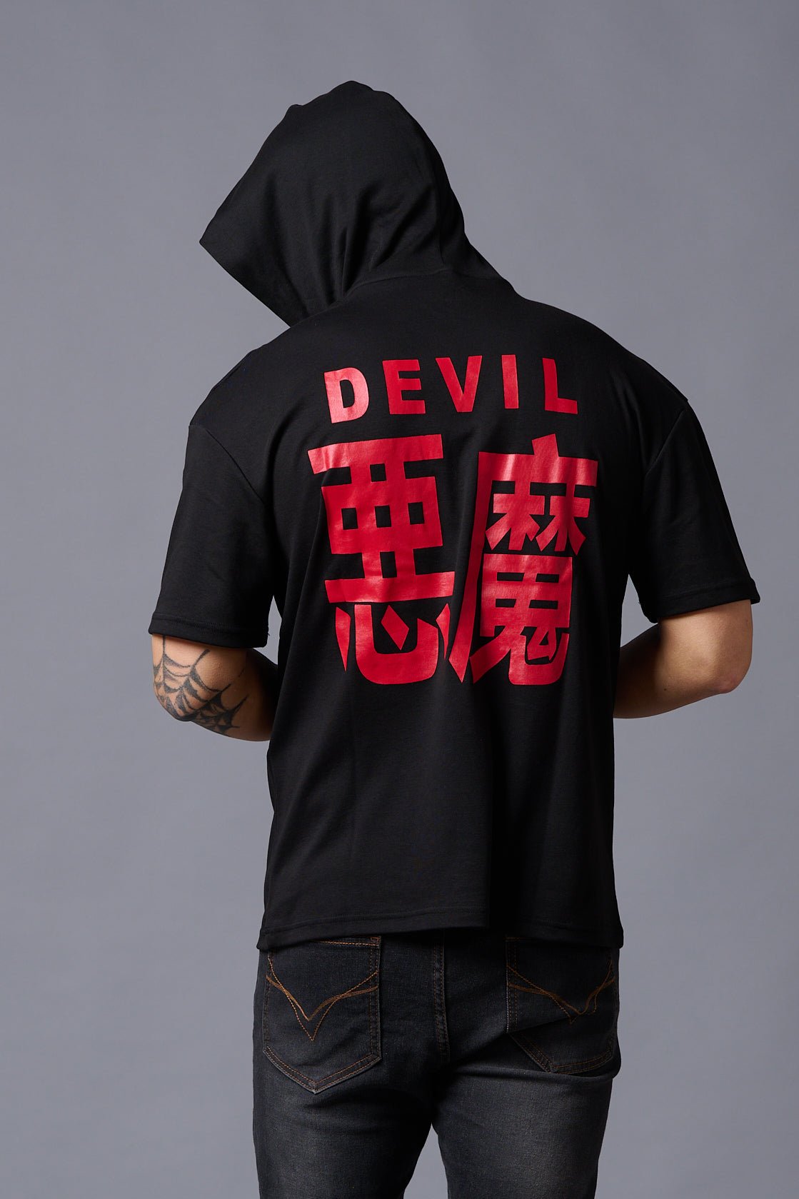 Chinese Devil in Red Print Hooded Oversized T-Shirt for Men - Go Devil