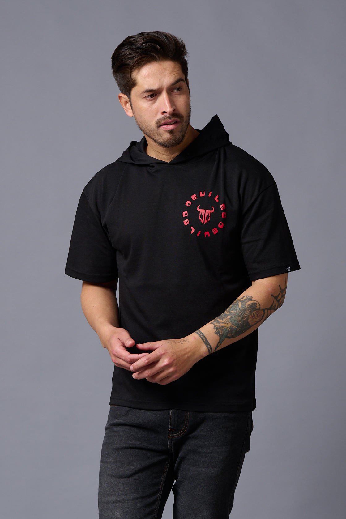 Chinese Devil in Red Print Hooded Oversized T-Shirt for Men - Go Devil