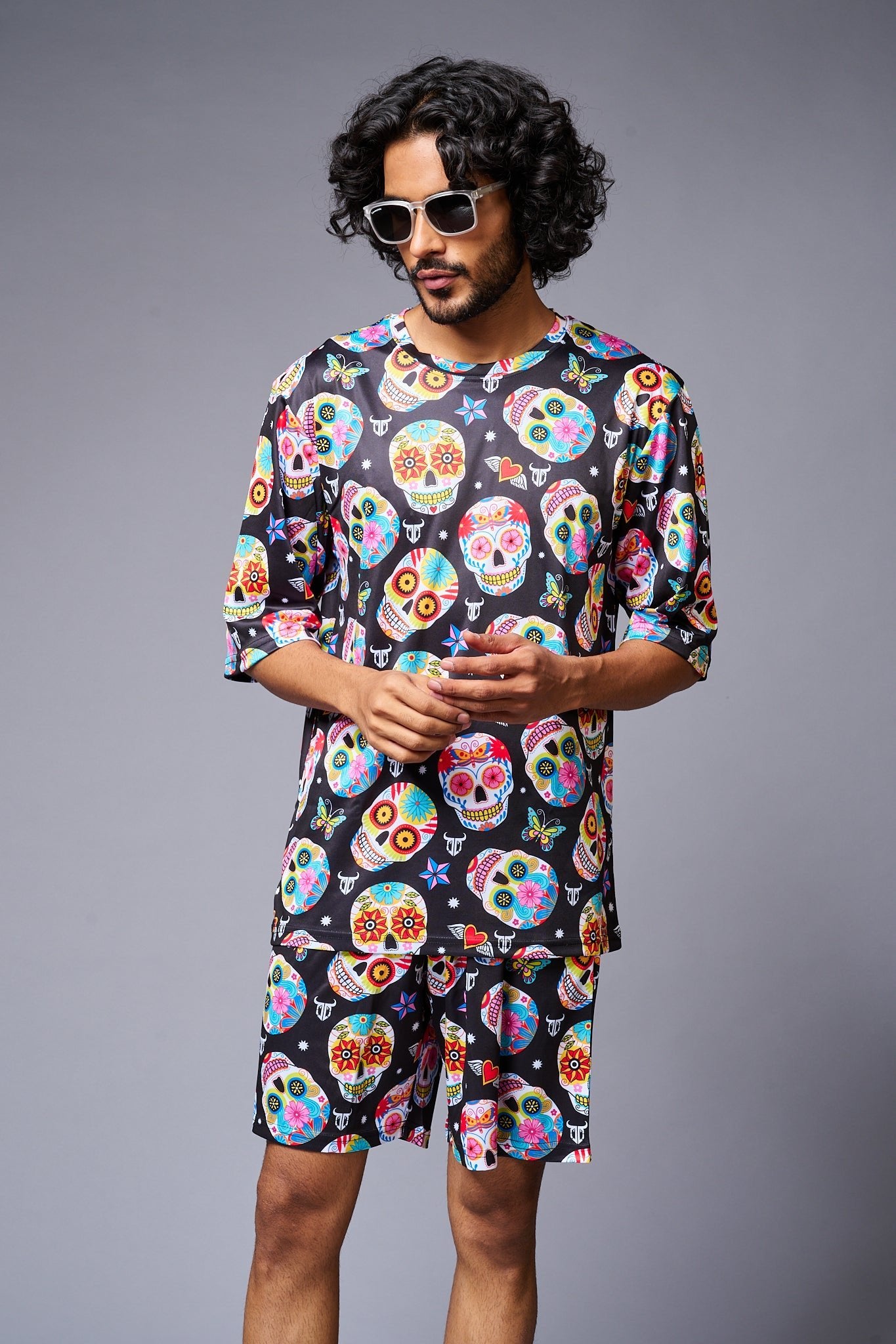 Colourful Skull Printed Black Co-ord Set for Men - Go Devil