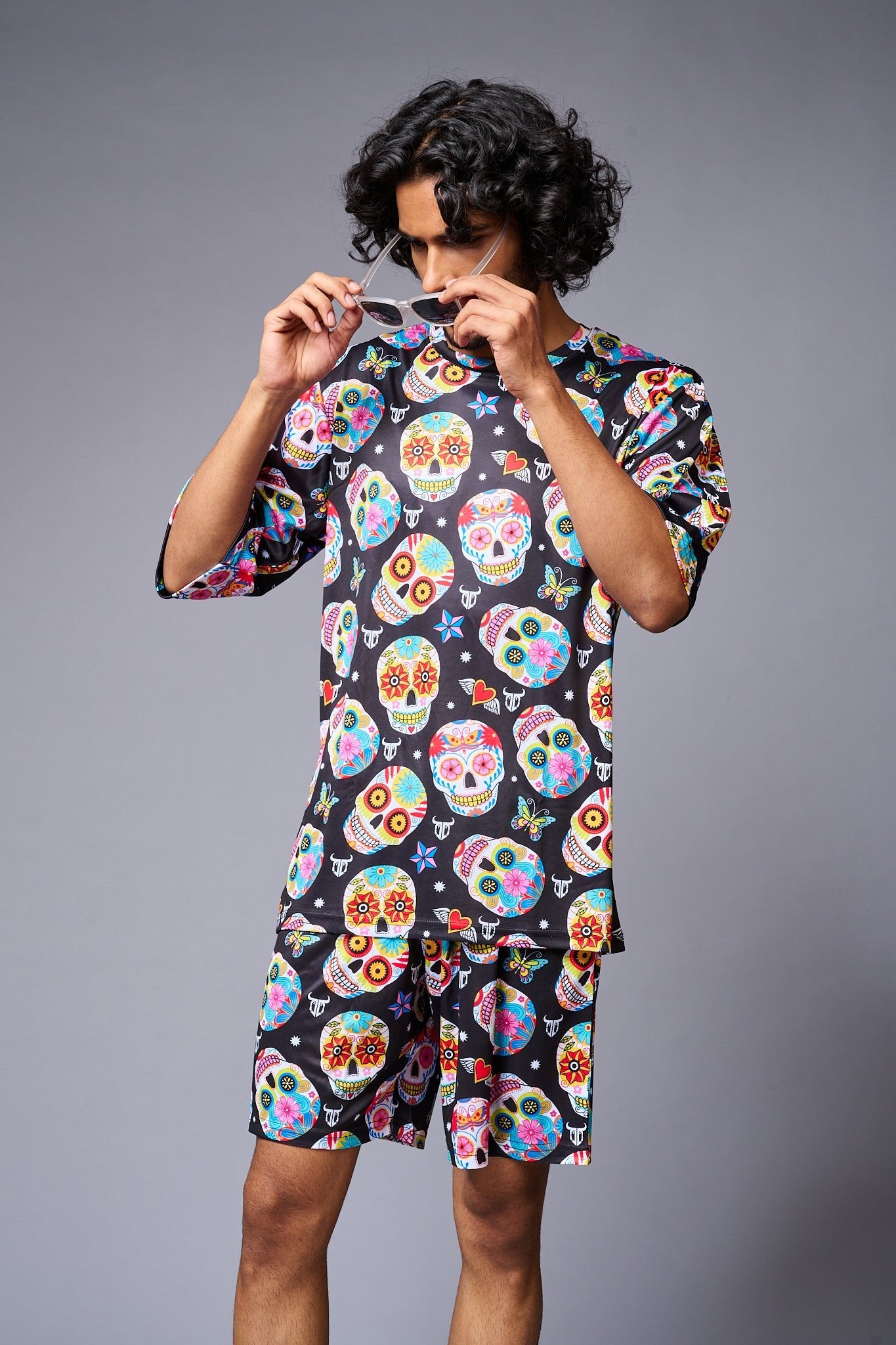 Colourful Skull Printed Black Co-ord Set for Men - Go Devil