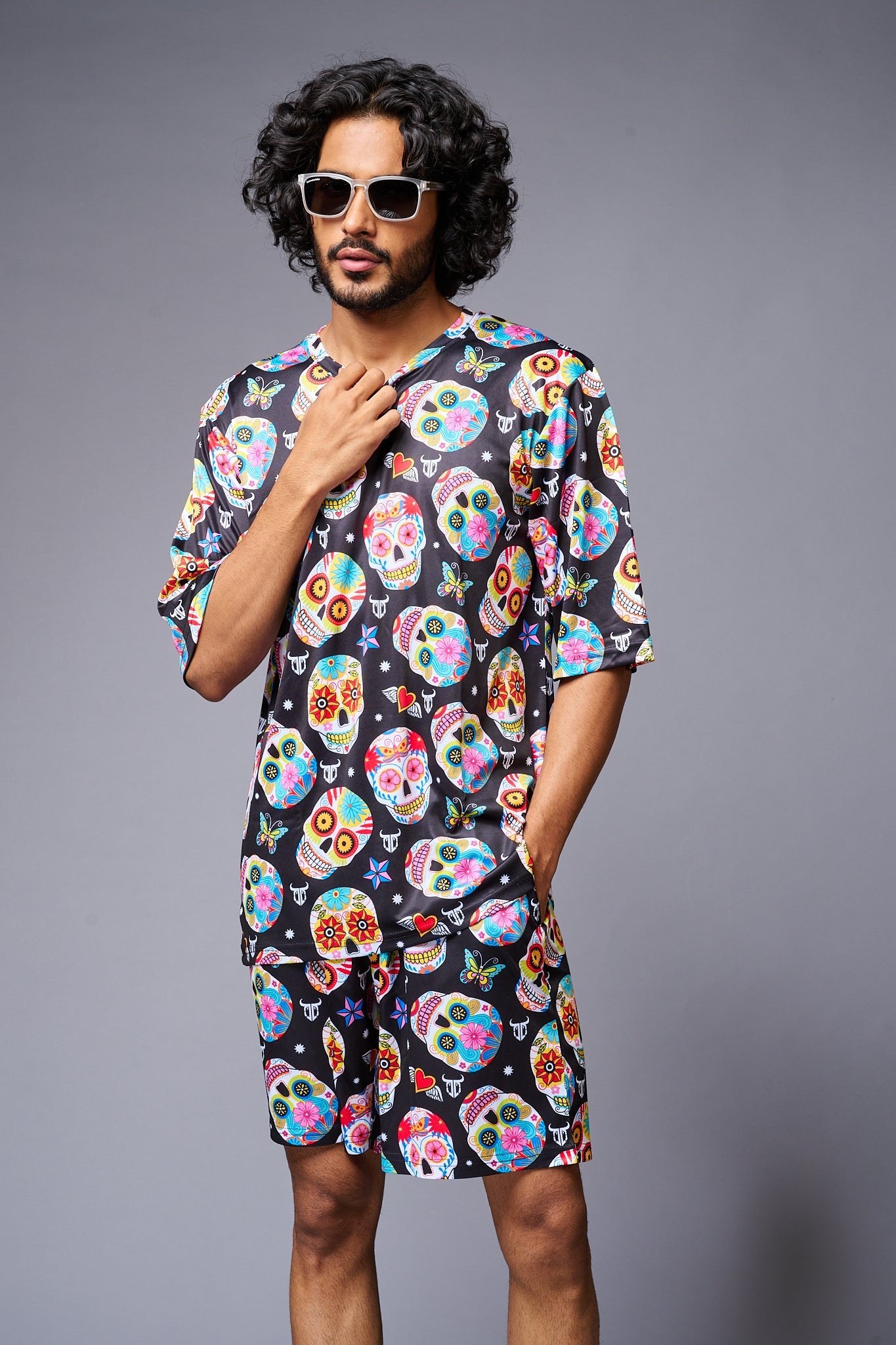 Colourful Skull Printed Black Co-ord Set for Men - Go Devil