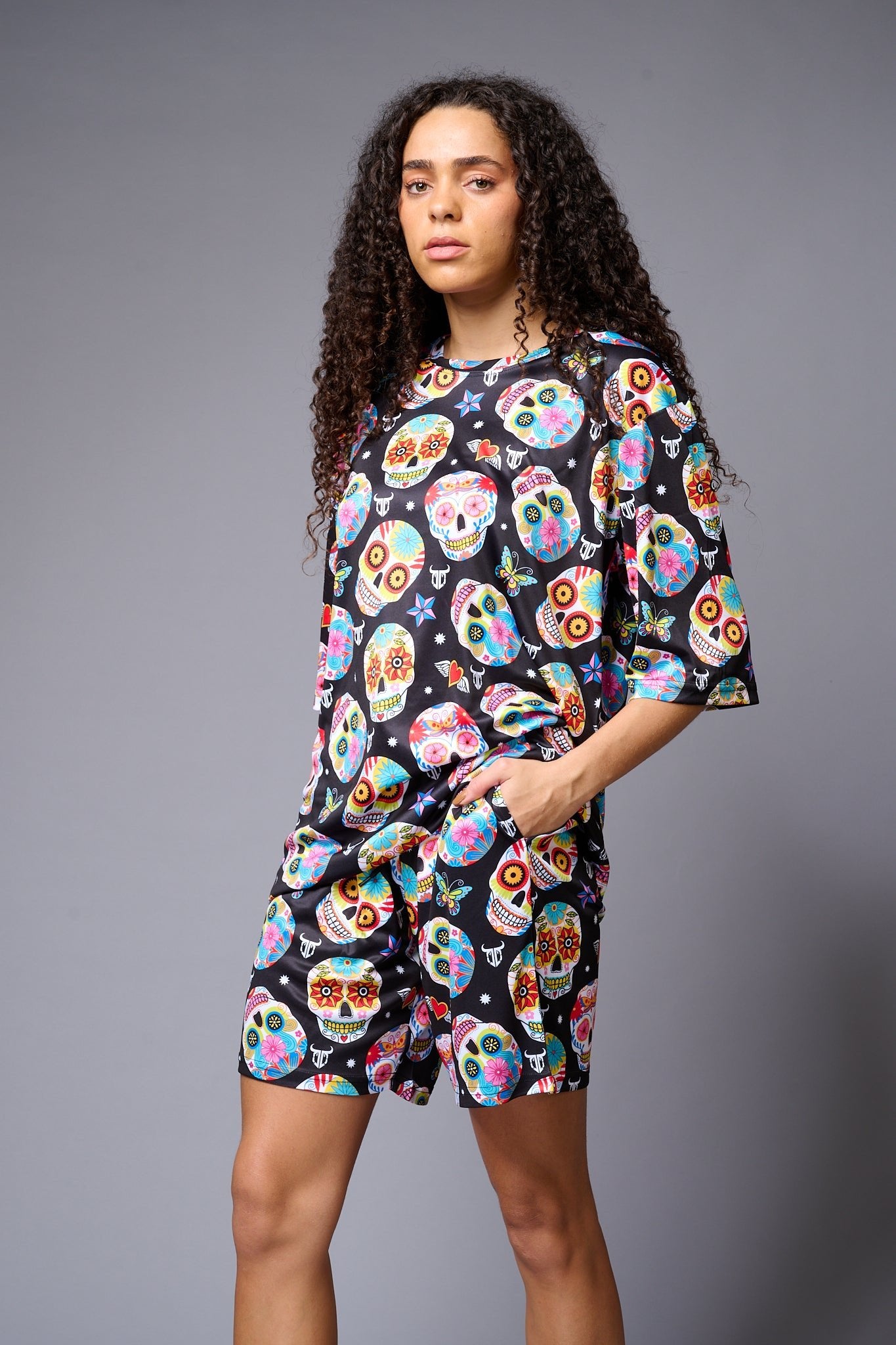 Colourful Skull Printed Black Co-ord Set for Women - Go Devil