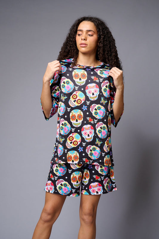 Colourful Skull Printed Black Co-ord Set for Women - Go Devil 1365