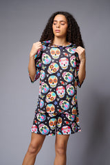 Colourful Skull Printed Black Co-ord Set for Women - Go Devil