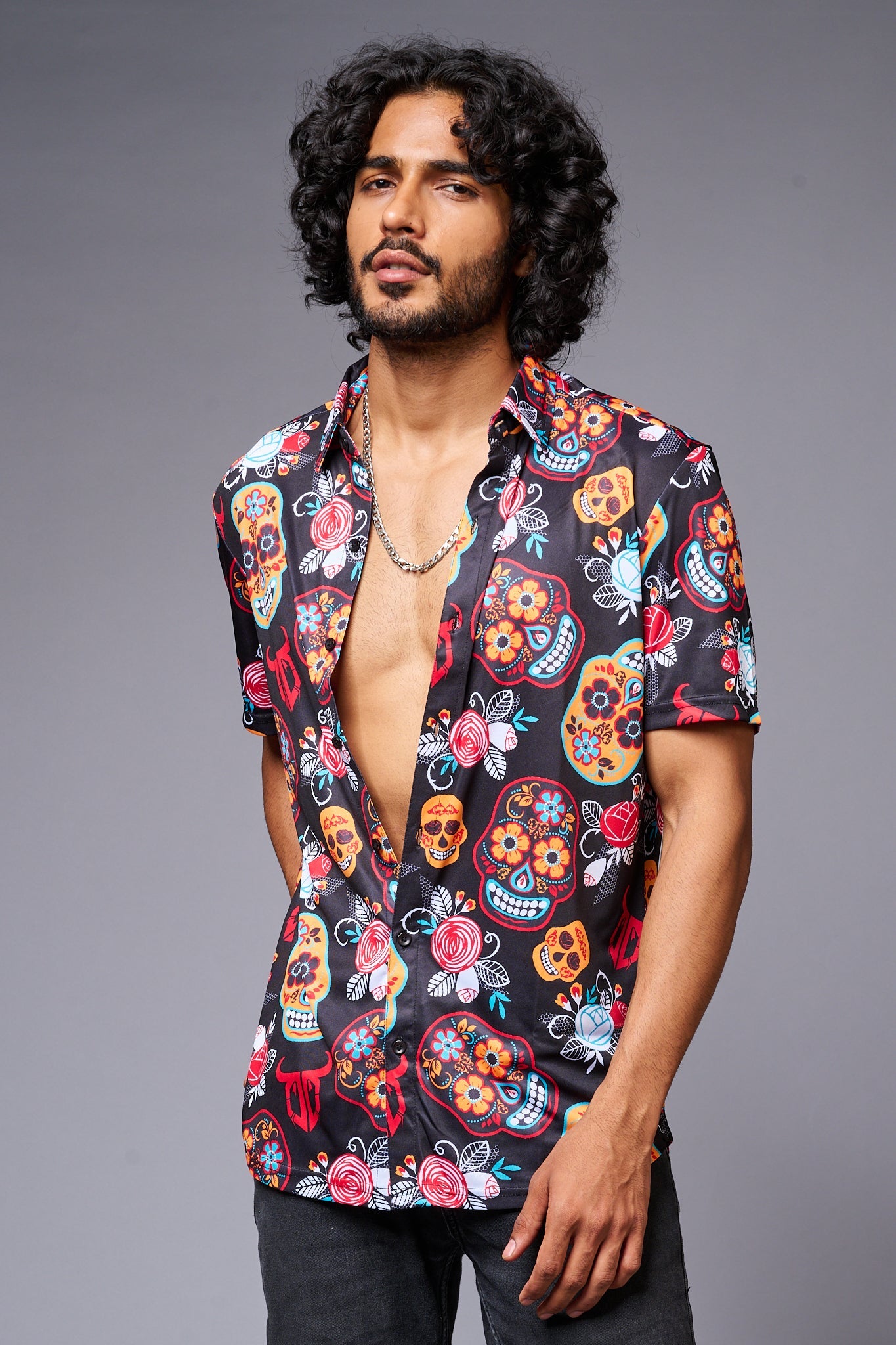 Colourful Skull Printed Black Shirt for Men - Go Devil