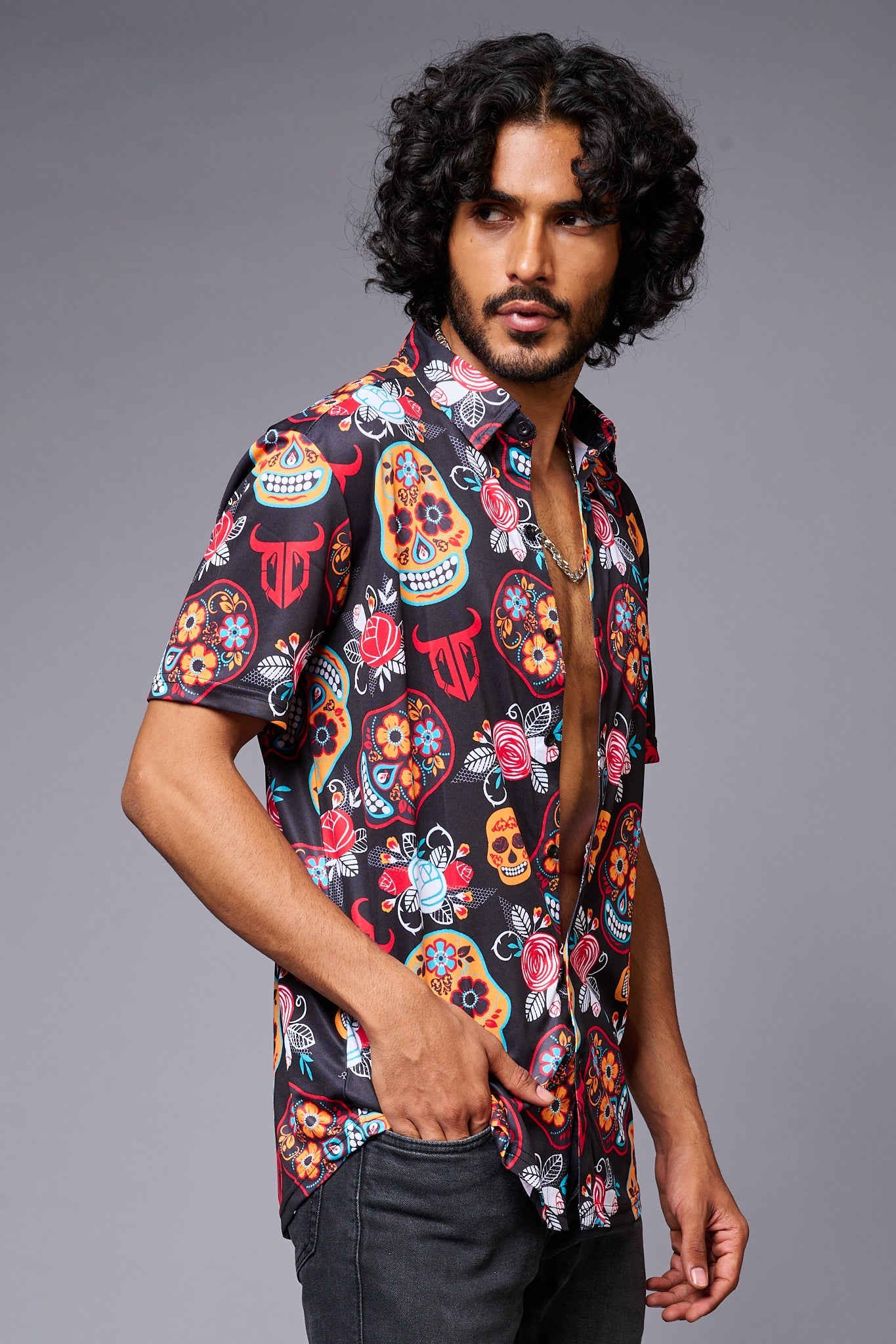 Colourful Skull Printed Black Shirt for Men - Go Devil