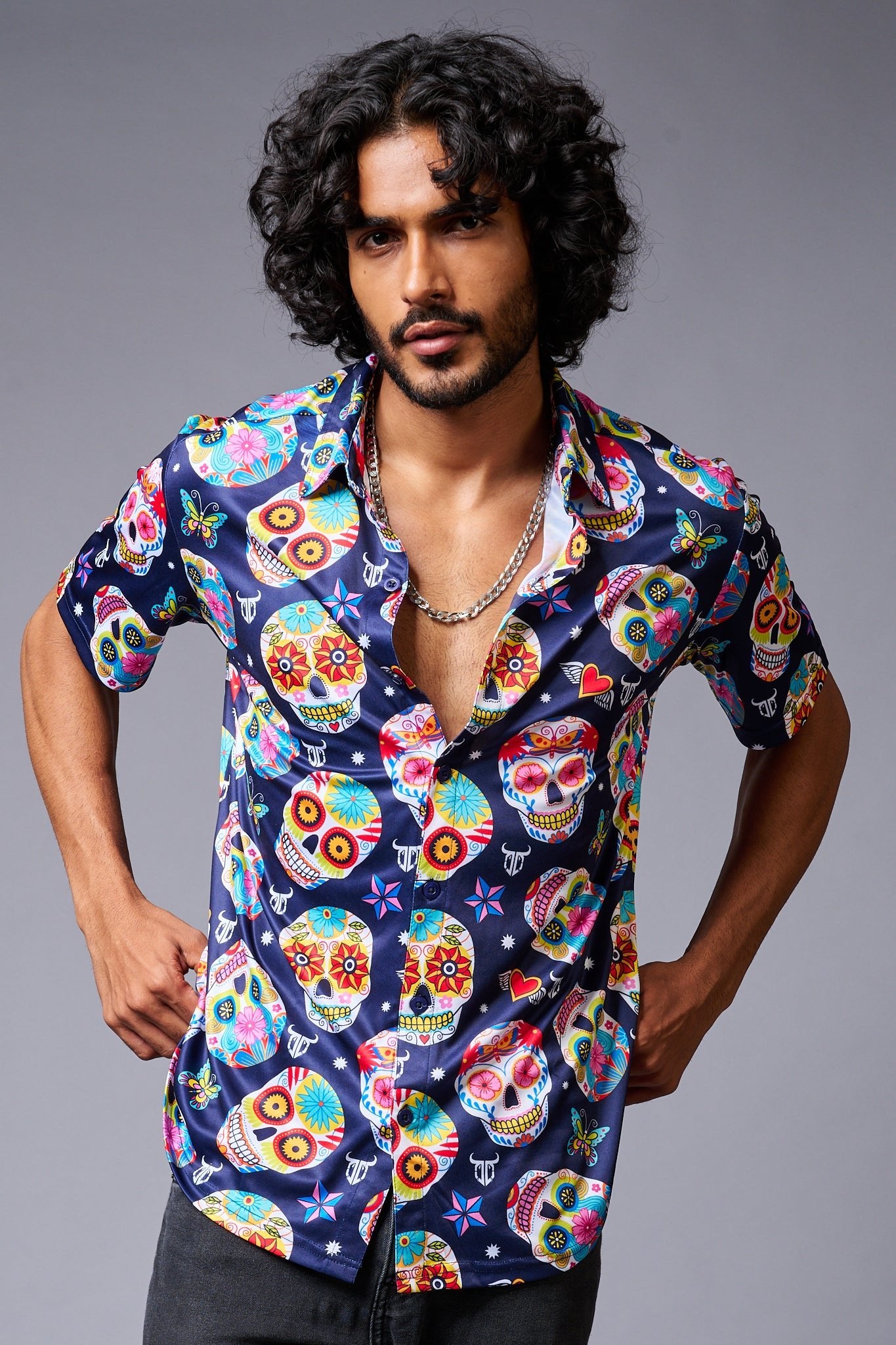 Colourful Skull Printed Blue Shirt for Men - Go Devil