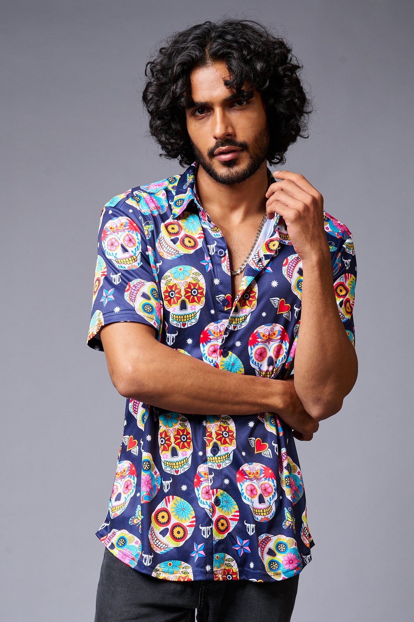 Colourful Skull Printed Blue Shirt for Men - Go Devil