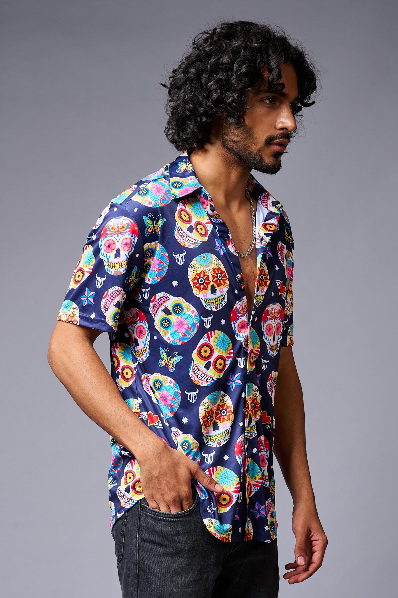 Colourful Skull Printed Blue Shirt for Men - Go Devil