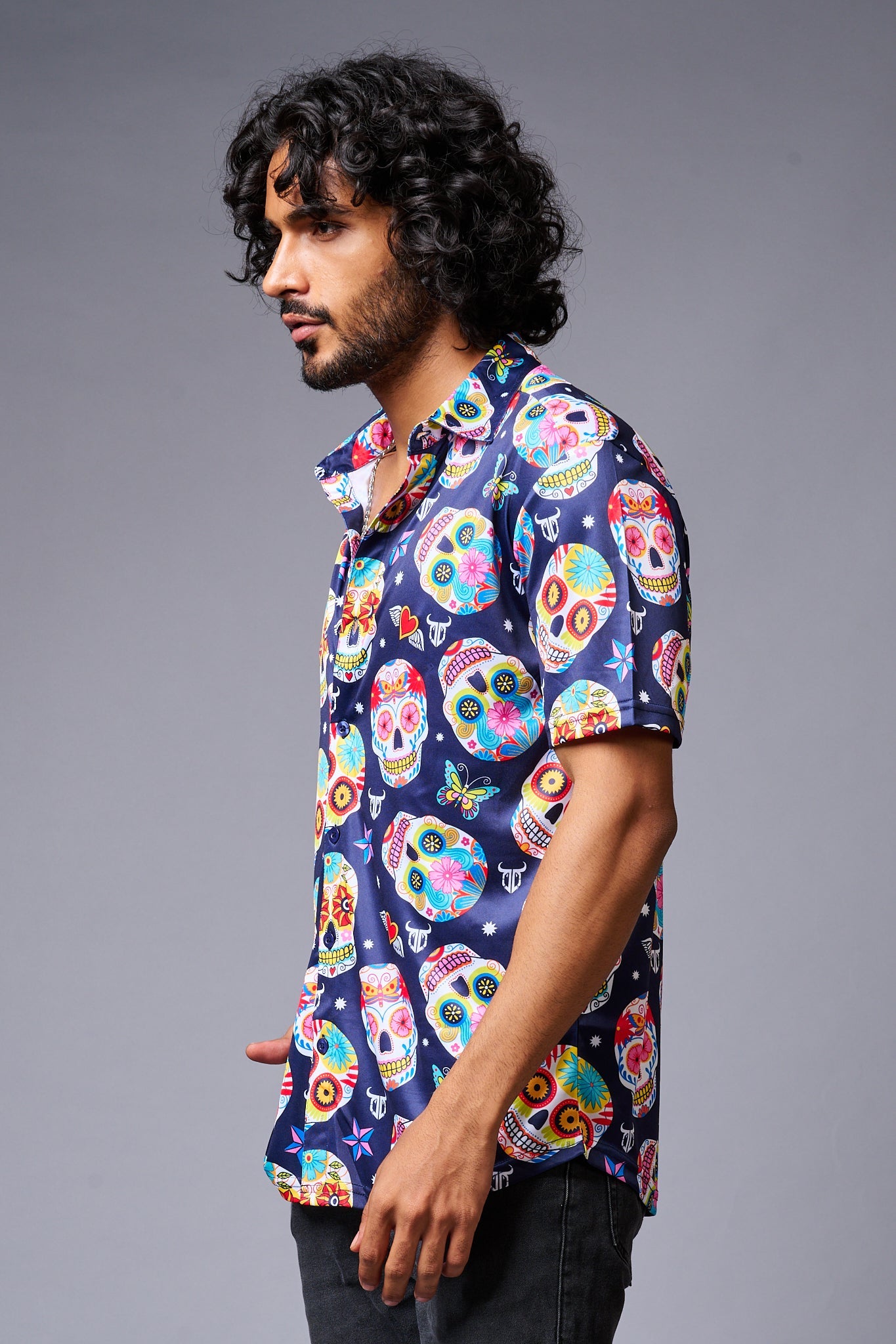 Colourful Skull Printed Blue Shirt for Men - Go Devil