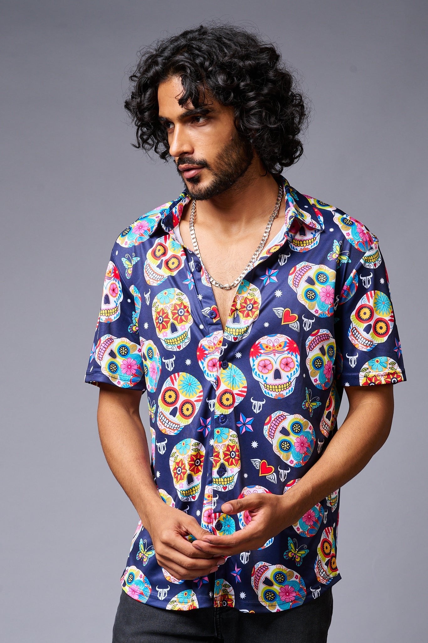 Colourful Skull Printed Blue Shirt for Men - Go Devil