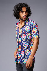 Colourful Skull Printed Blue Shirt for Men - Go Devil