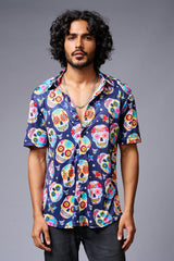 Colourful Skull Printed Blue Shirt for Men - Go Devil