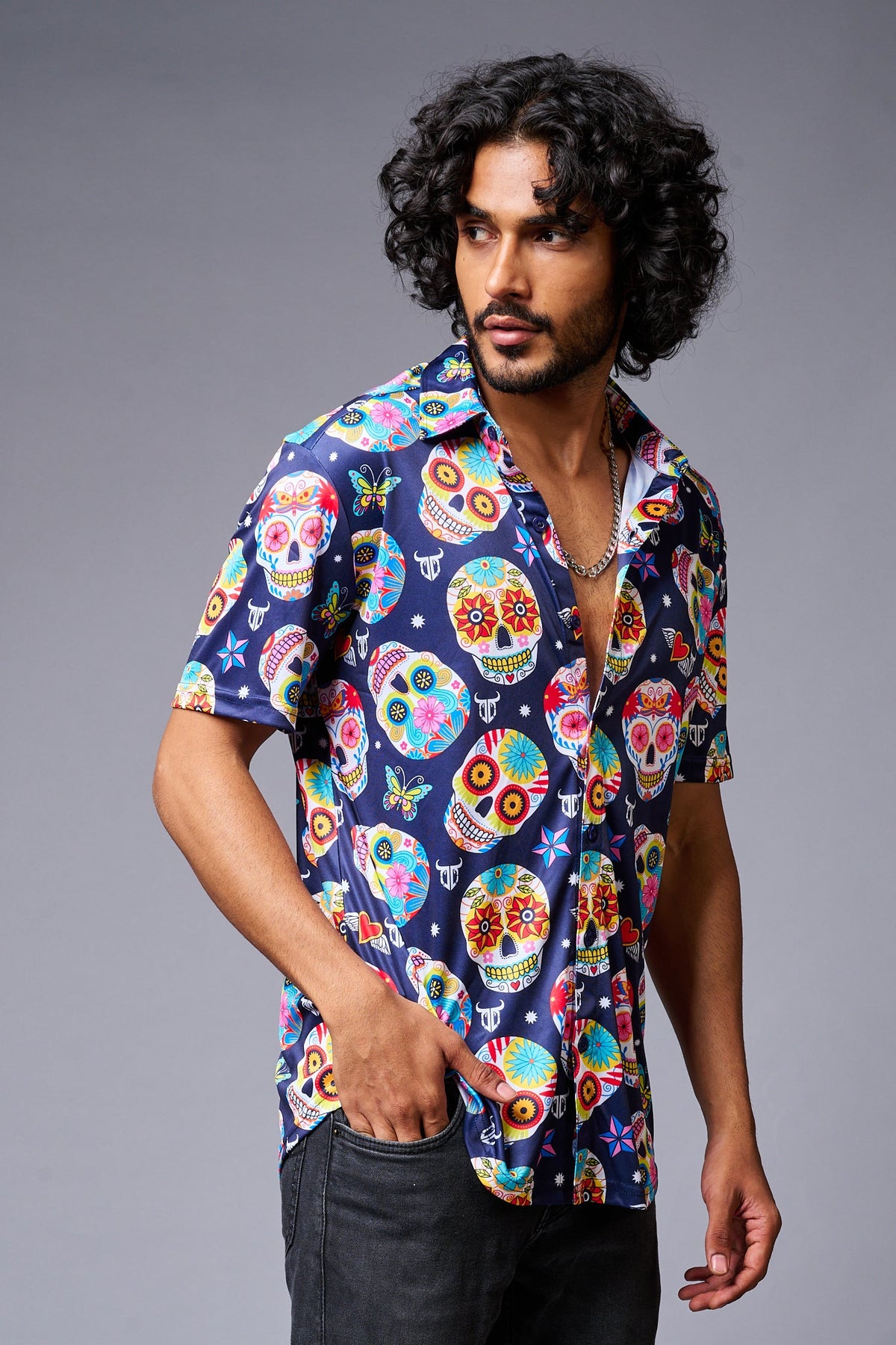 Colourful Skull Printed Blue Shirt for Men - Go Devil