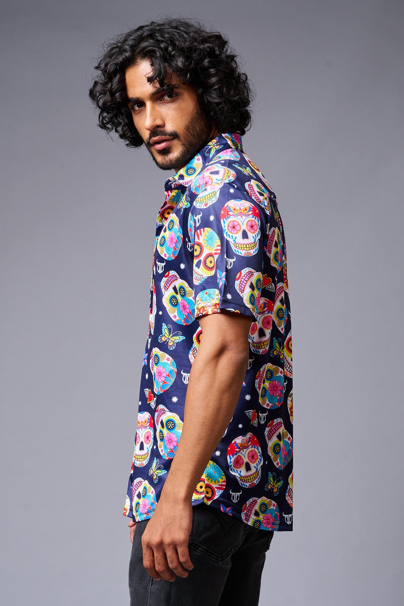 Colourful Skull Printed Blue Shirt for Men - Go Devil