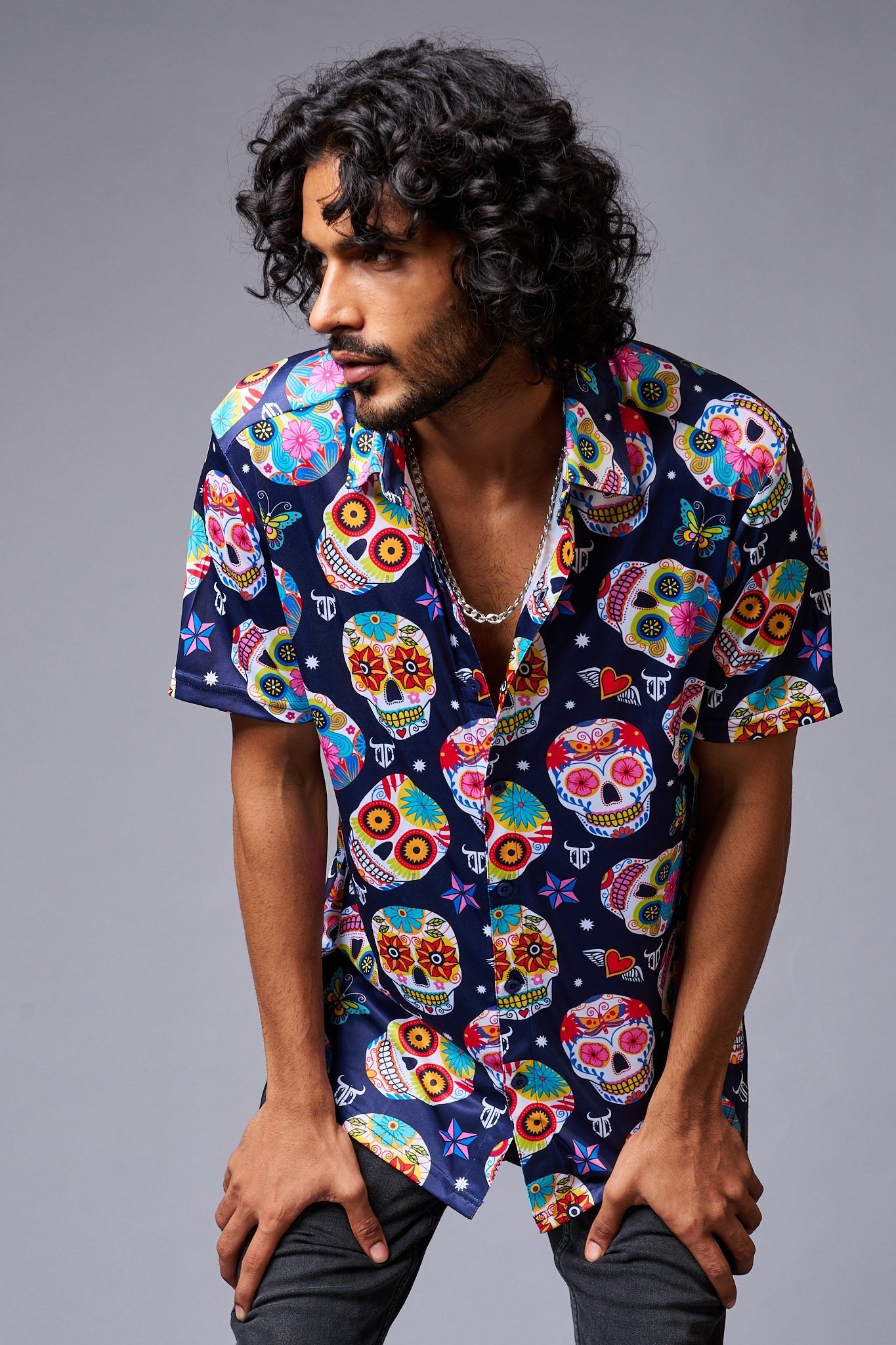 Colourful Skull Printed Blue Shirt for Men - Go Devil