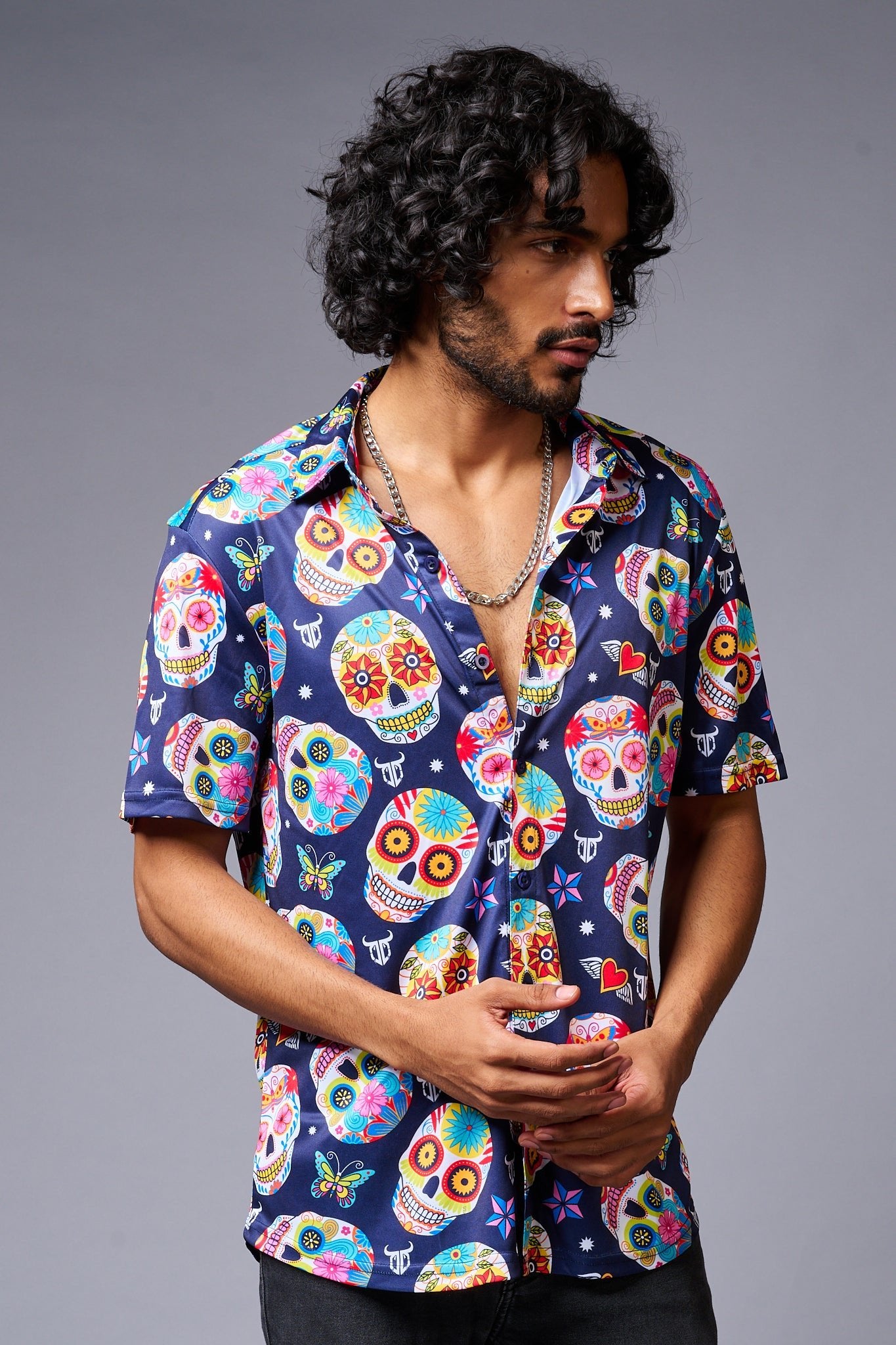 Colourful Skull Printed Blue Shirt for Men - Go Devil