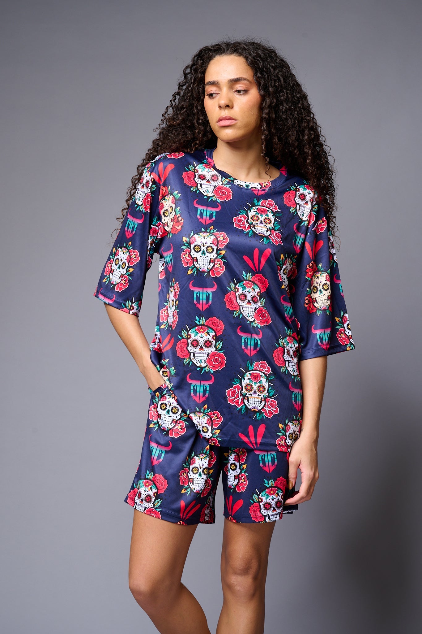 Colourful Skull Printed Premium Co-ord Set for Women - Go Devil