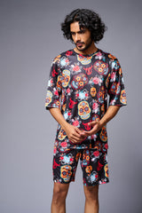 Colourful Skull Printed Red & Black Co-ord Set for Men - Go Devil