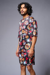 Colourful Skull Printed Red & Black Co-ord Set for Men - Go Devil