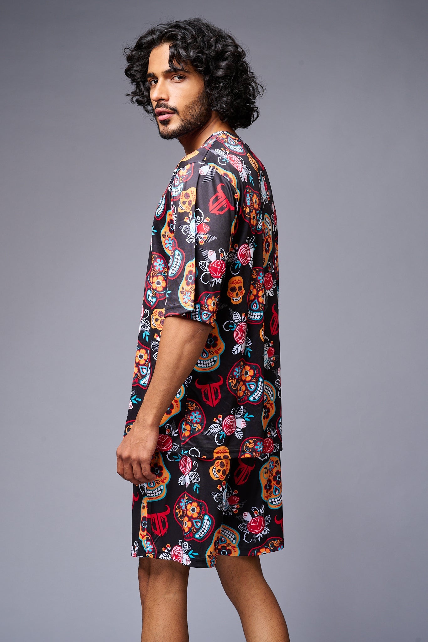 Colourful Skull Printed Red & Black Co-ord Set for Men - Go Devil