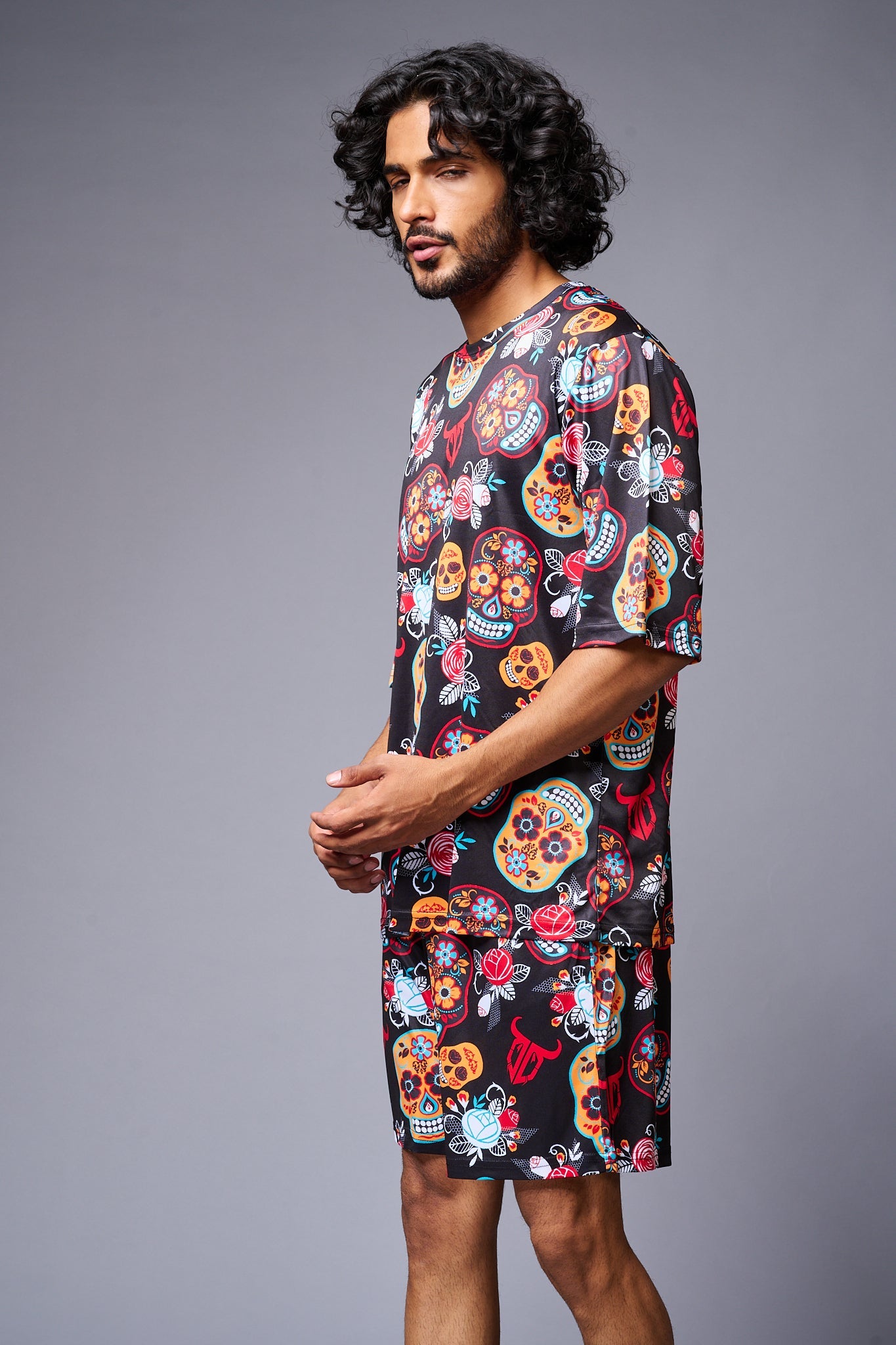 Colourful Skull Printed Red & Black Co-ord Set for Men - Go Devil