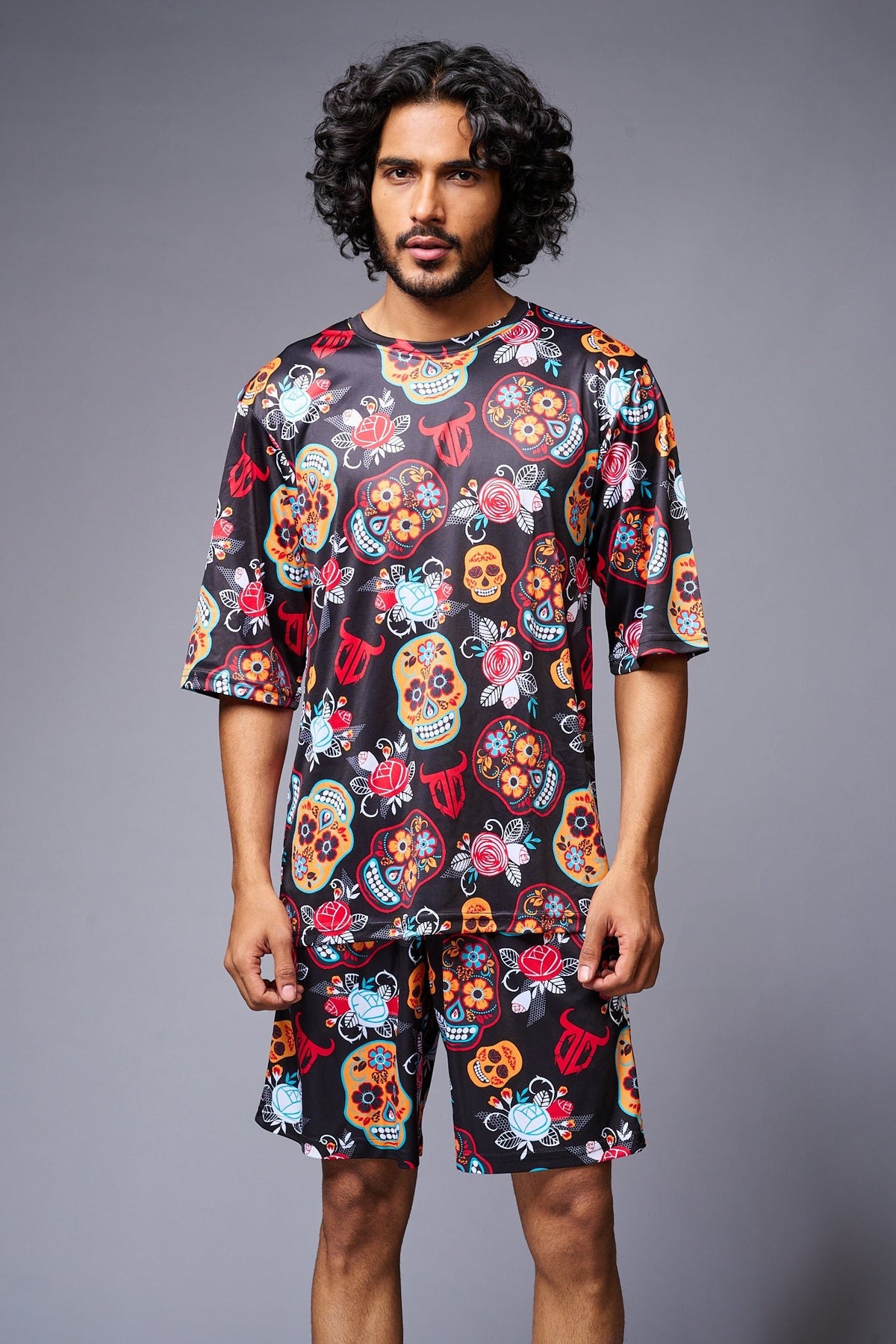 Colourful Skull Printed Red & Black Co-ord Set for Men - Go Devil