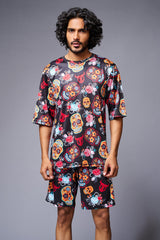 Colourful Skull Printed Red & Black Co-ord Set for Men - Go Devil