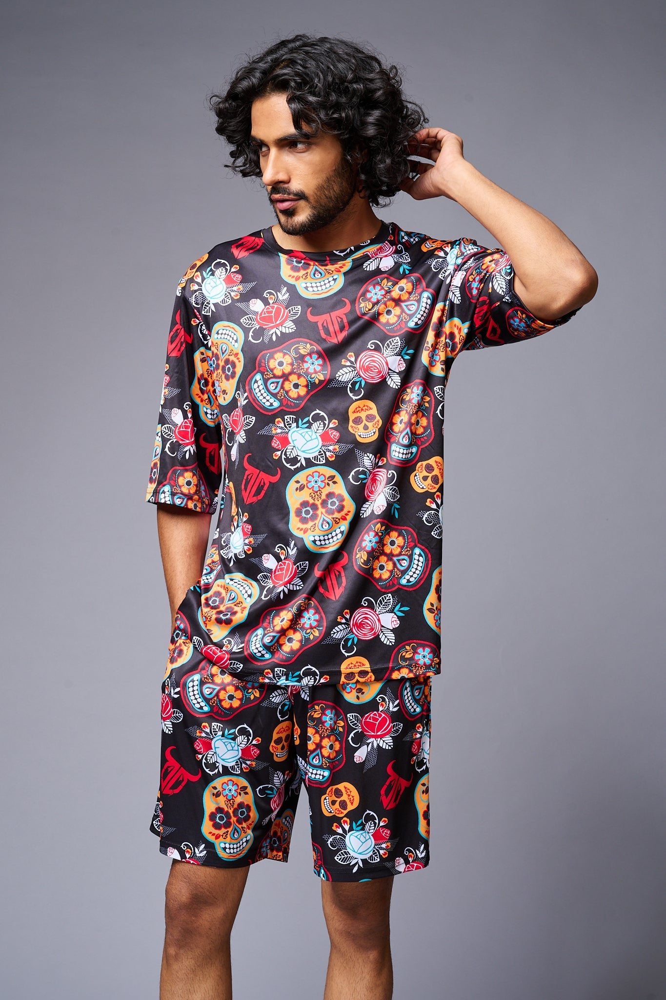 Colourful Skull Printed Red & Black Co-ord Set for Men - Go Devil