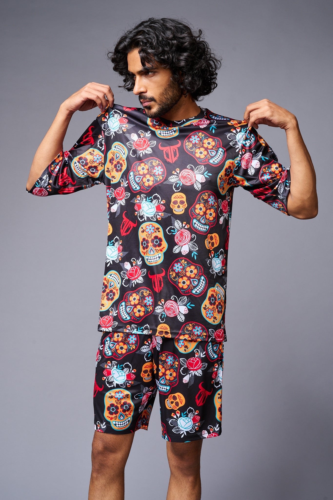 Colourful Skull Printed Red & Black Co-ord Set for Men - Go Devil