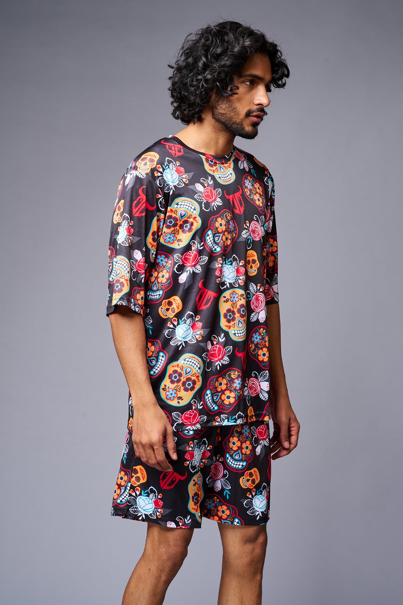 Colourful Skull Printed Red & Black Co-ord Set for Men - Go Devil