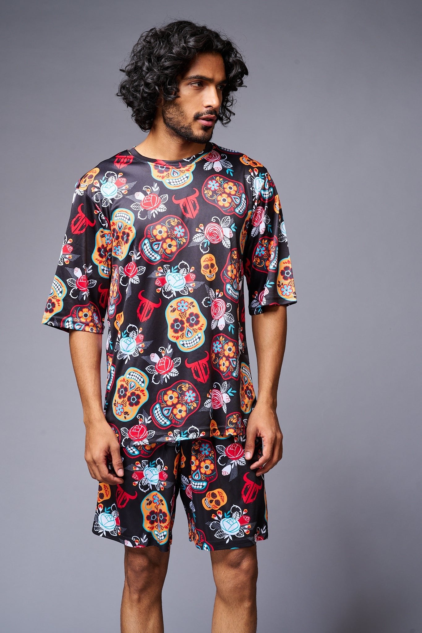 Colourful Skull Printed Red & Black Co-ord Set for Men - Go Devil